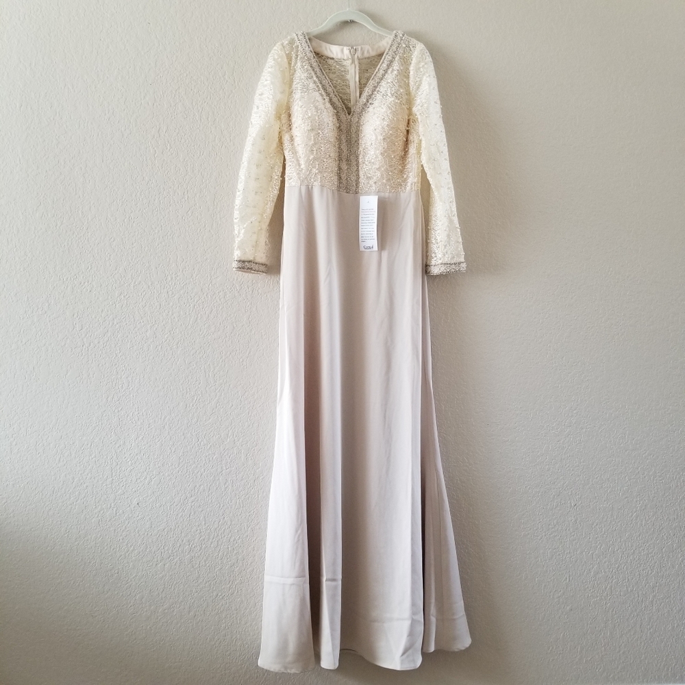 NWT Royal Queen Collection Pearl Adorned Upper Formal Dress Champagne Size Large